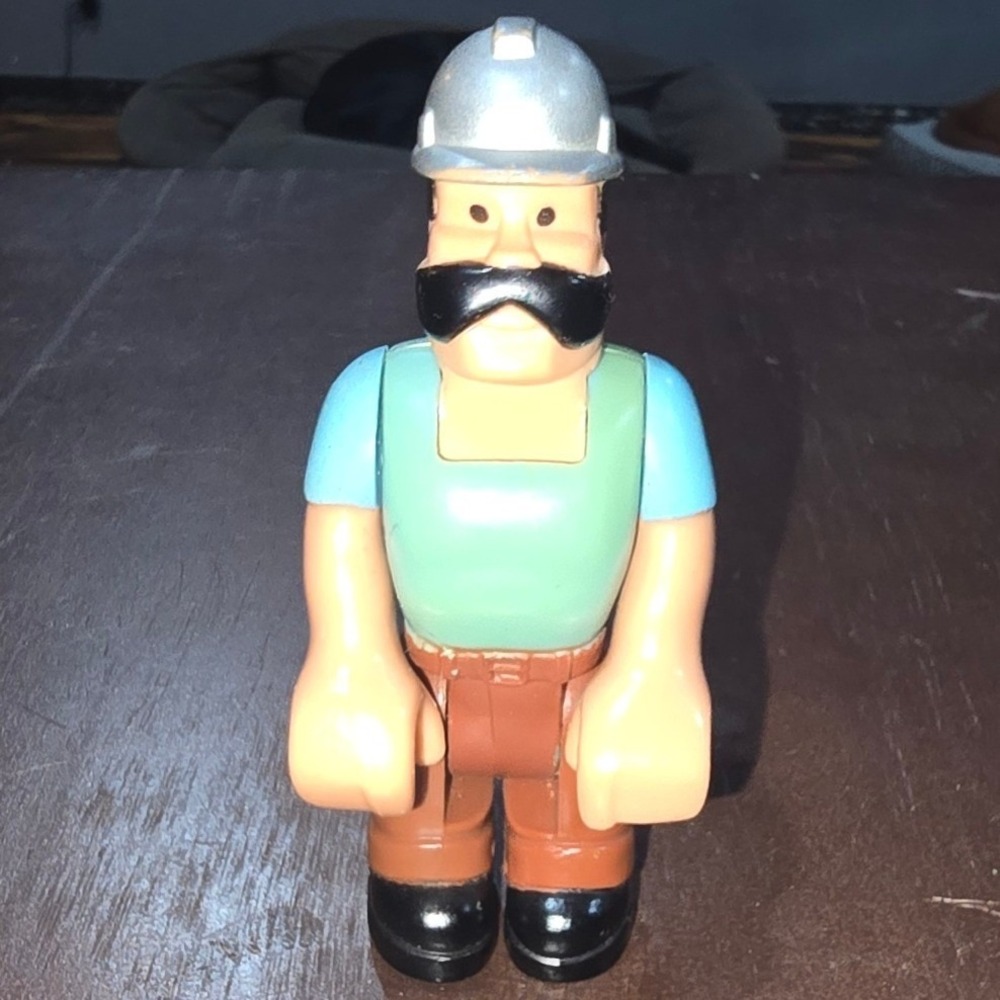 Vintage Construction‎ Worker Action Figure Silver Hard Hat Mustache Toy Builder